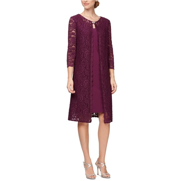Alex Evenings Dresses & Skirts - NEW Alex Evenings Purple One‎ Piece Lace Jacket 3/4 Sleeve Cocktail Dress 14